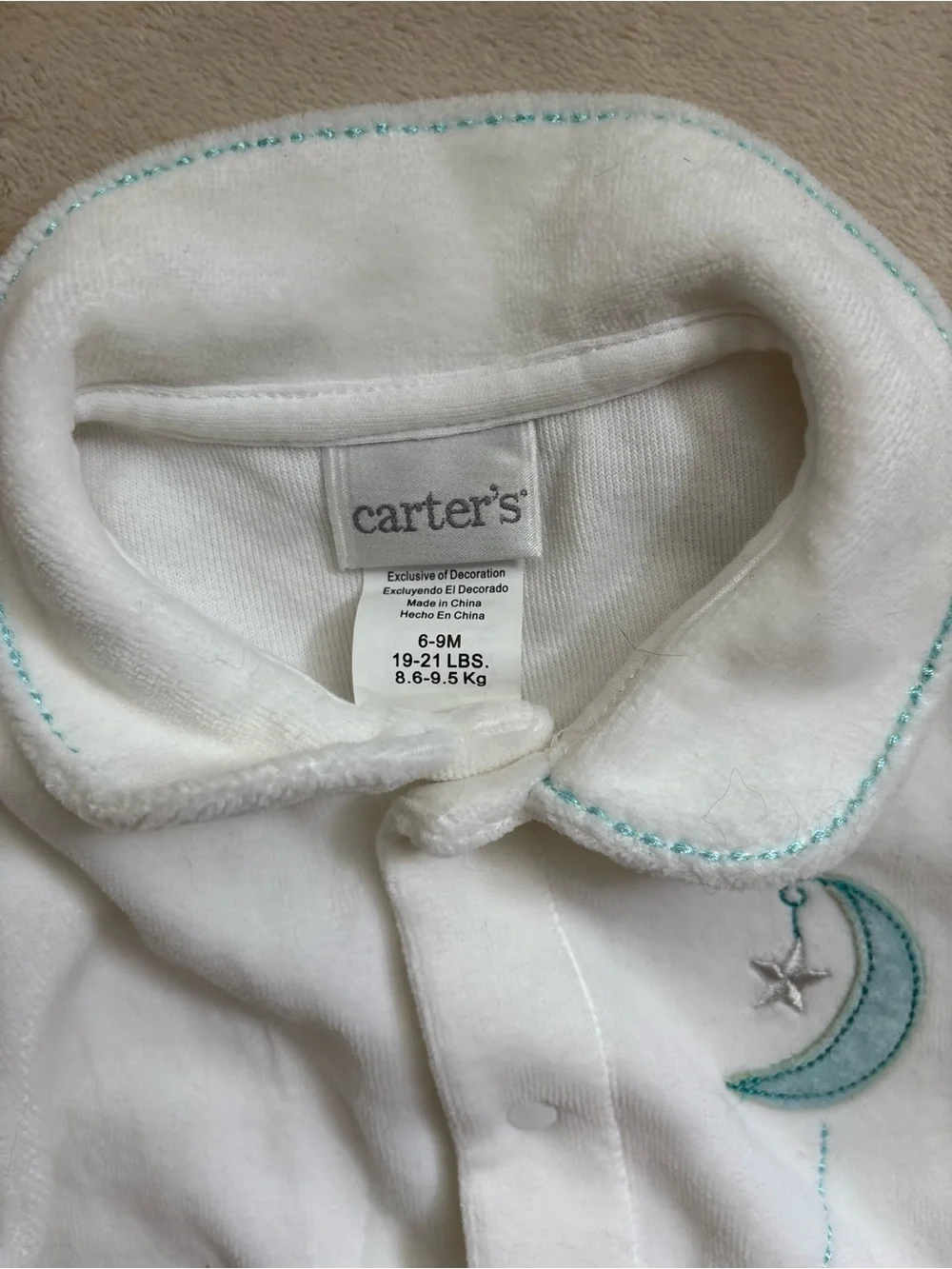 NWT Carter's White Velour Footed Sleeper & Hat Set 3-6 Months Moon Star Wish